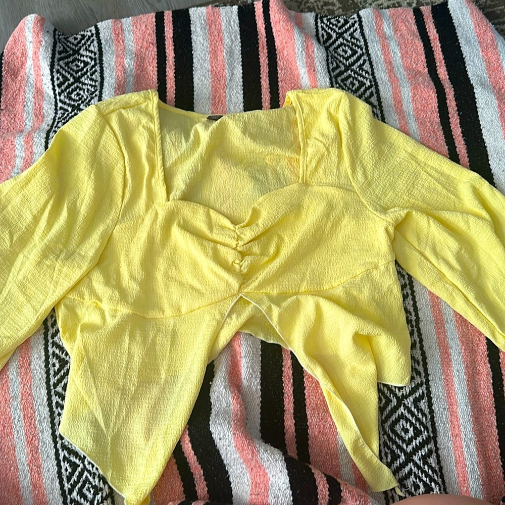 Loose Casual Vacation Style Yellow Long-Sleeved See-Through Textured Shirt